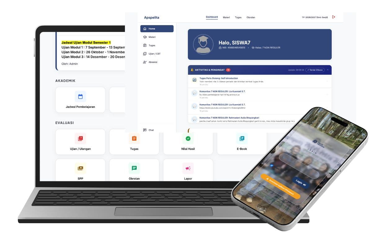 Antarmuka dashboard portal siswa dan tutor pada aplikasi LMS PKBM Pelita Pratama yang menampilkan menu jadwal kelas, ujian online, dan absensi.