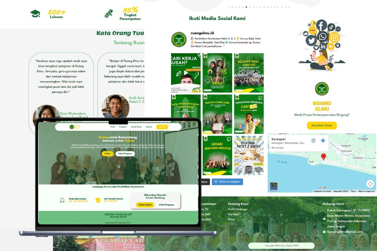 Antarmuka visual halaman depan website LKP Ruang Elmu yang bersih dan rapi dilengkapi dengan animasi grafis modern.