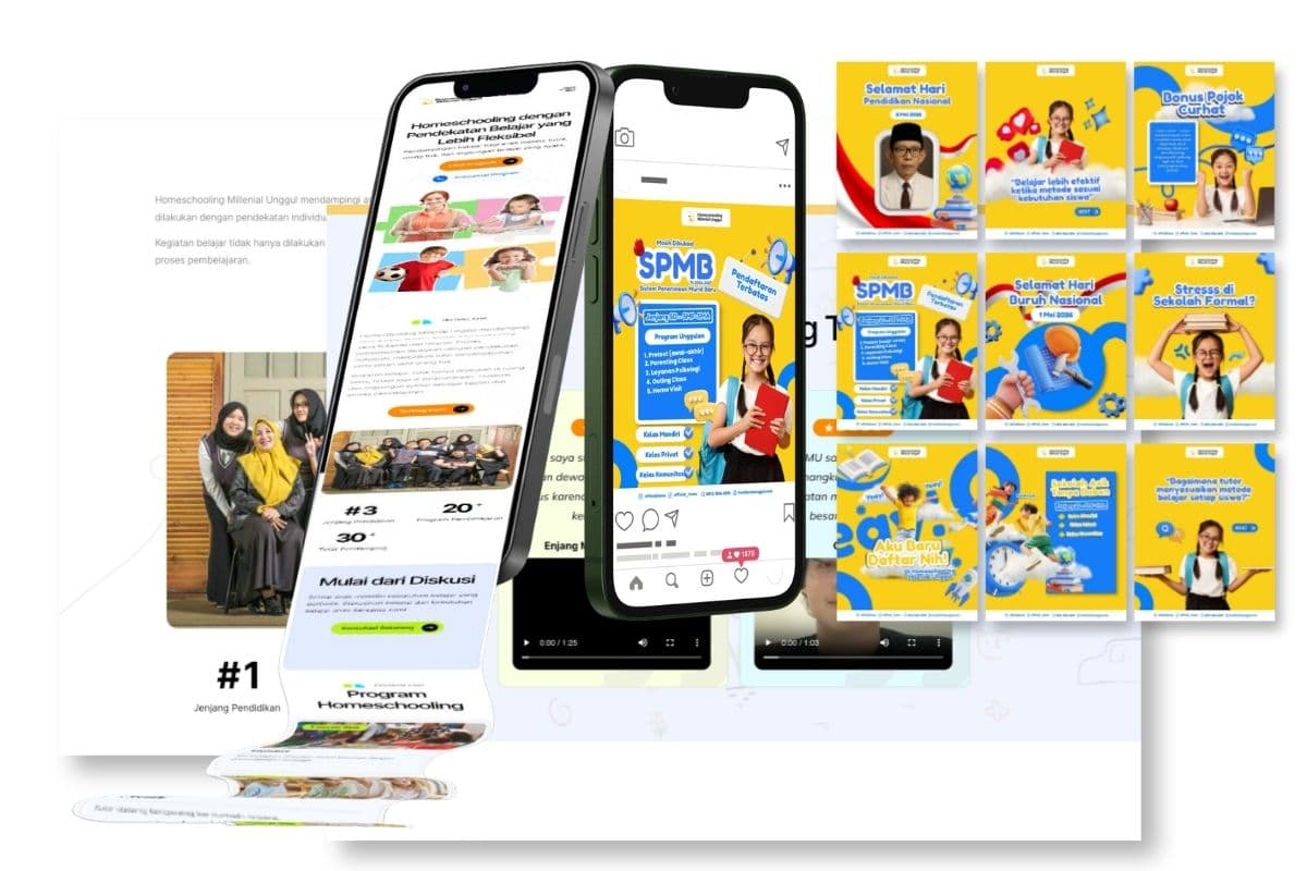 Grid postingan feed Instagram lembaga pendidikan yang rapi dengan kombinasi warna biru cerah, menampilkan tips belajar dan foto kegiatan siswa.
