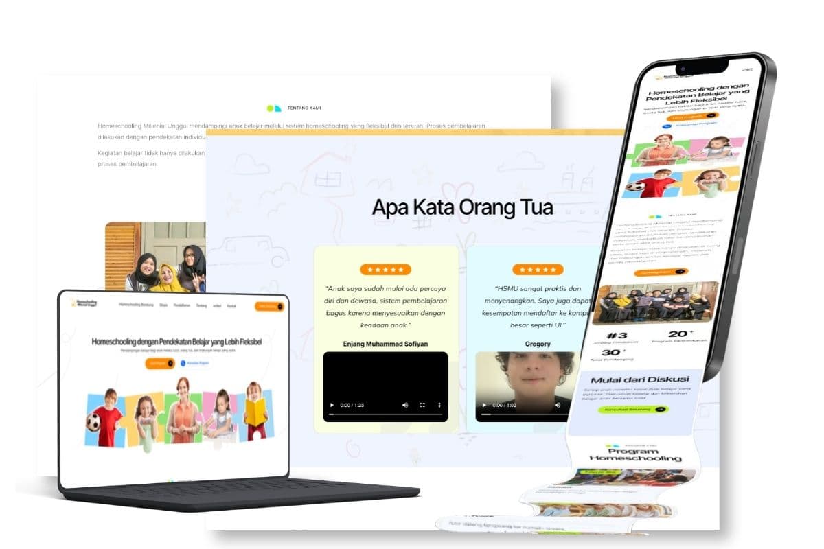 Halaman utama website Homeschooling Milenial Unggul yang terlihat ceria dengan dominasi warna cerah dan informasi program pendaftaran siswa baru.