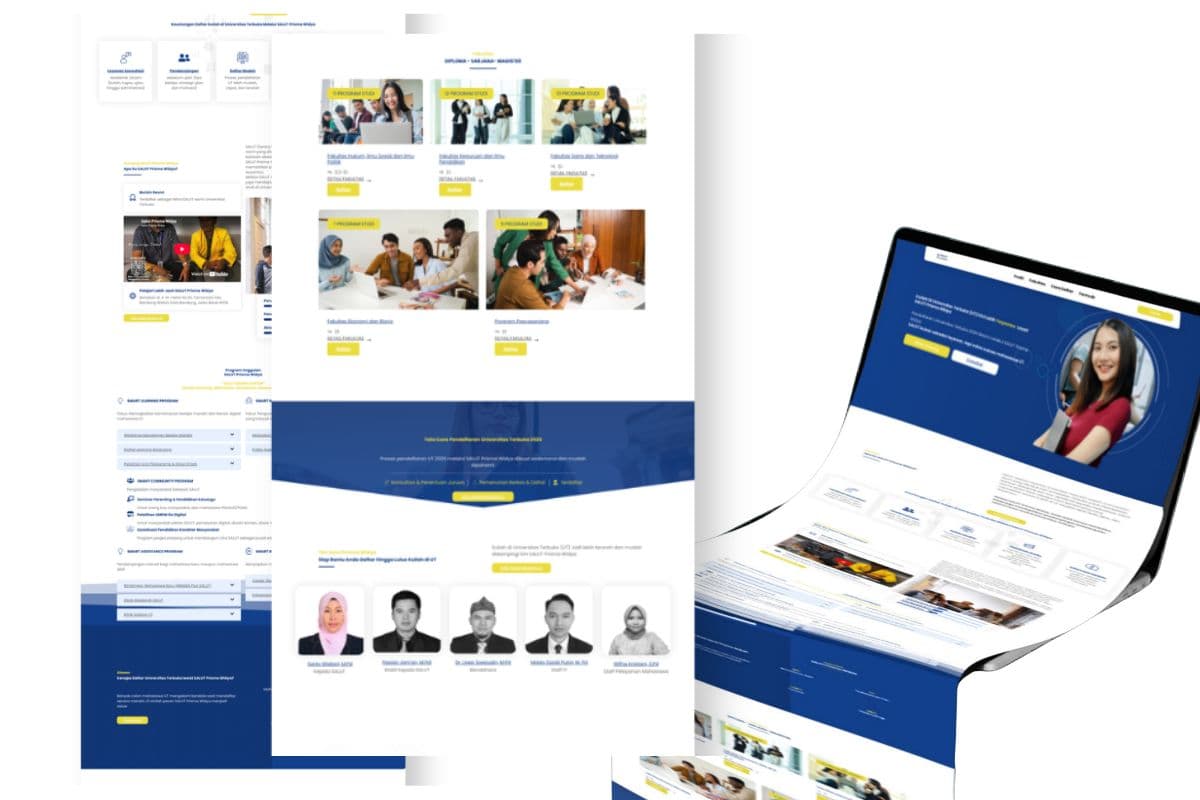 Halaman depan website Salut Prismawidya dengan desain profesional, menampilkan tombol pendaftaran mahasiswa baru Universitas Terbuka.
